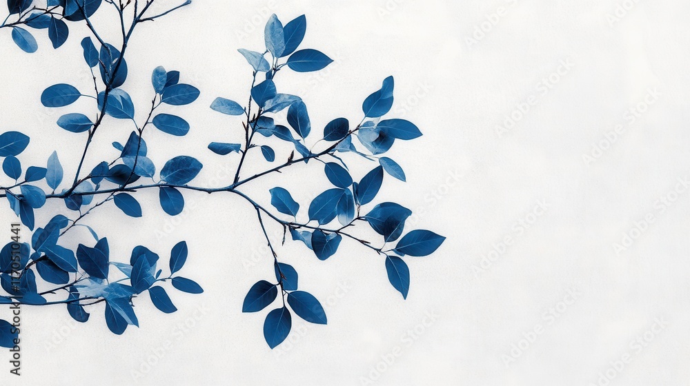 Poster bold monochromatic arrangement of blue-leaved branch against a light background showcasing natural f
