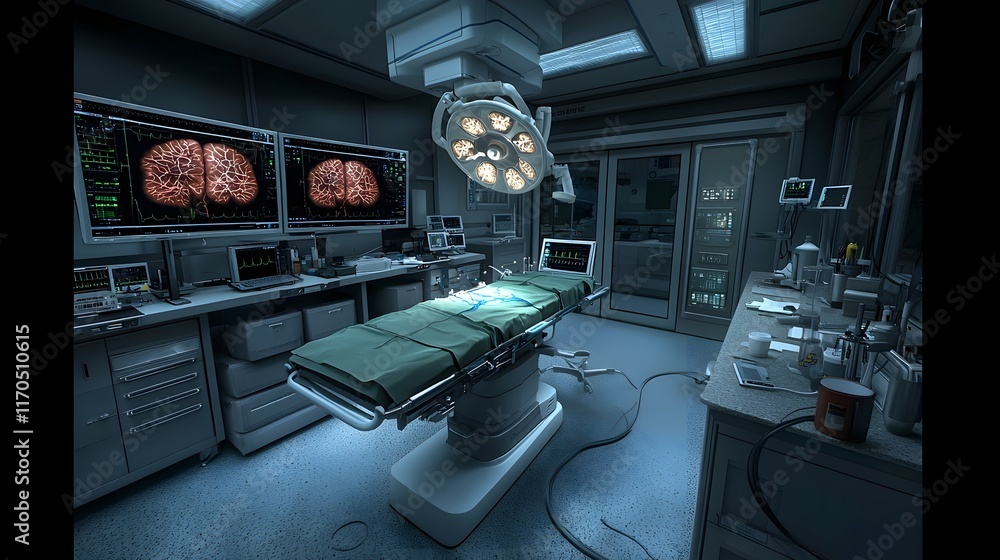 Poster an advanced surgical suite equipped with quantum computing technology visualizing neural pathways fo