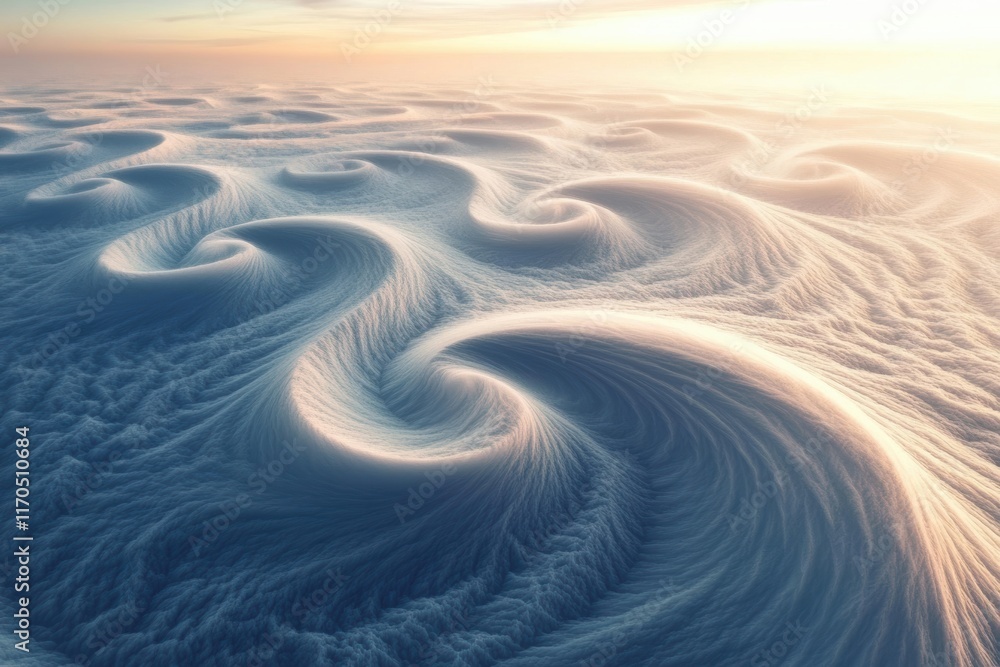 Poster ethereal waves of soft clouds through the sky, creating a serene and dreamlike landscape at dawn.
