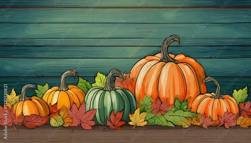 Poster a colorful display of vibrant pumpkins and autumn leaves arranged in a row on a rustic wooden backgr