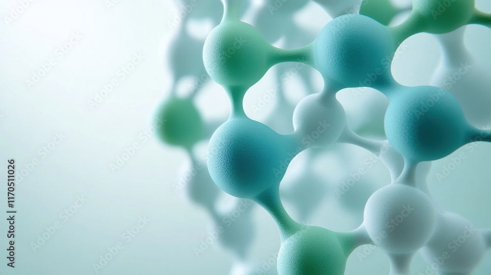 Poster abstract close-up of molecular structures showcasing interconnected spheres in soft green and blue t