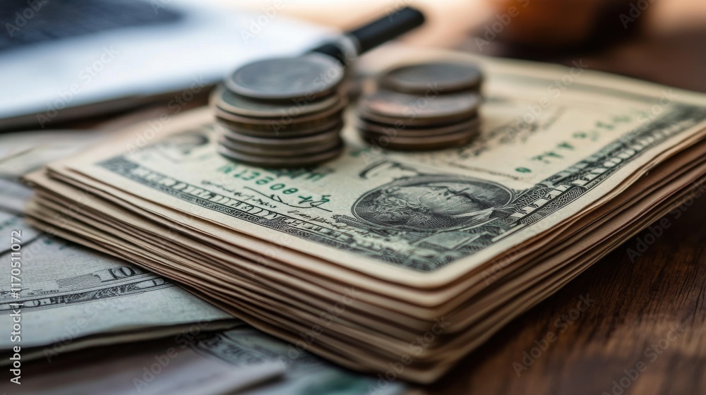 Aufkleber Balanced representation of stock trends with currency and financial elements on a wooden table