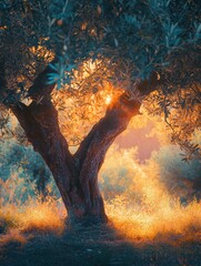olive tree bathed in the warm glow of the early morning sun, its branches gently moving in the morning breeze