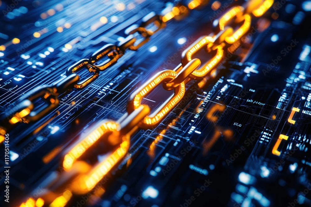 Poster glowing digital blockchain links on a futuristic background with high-tech elements
