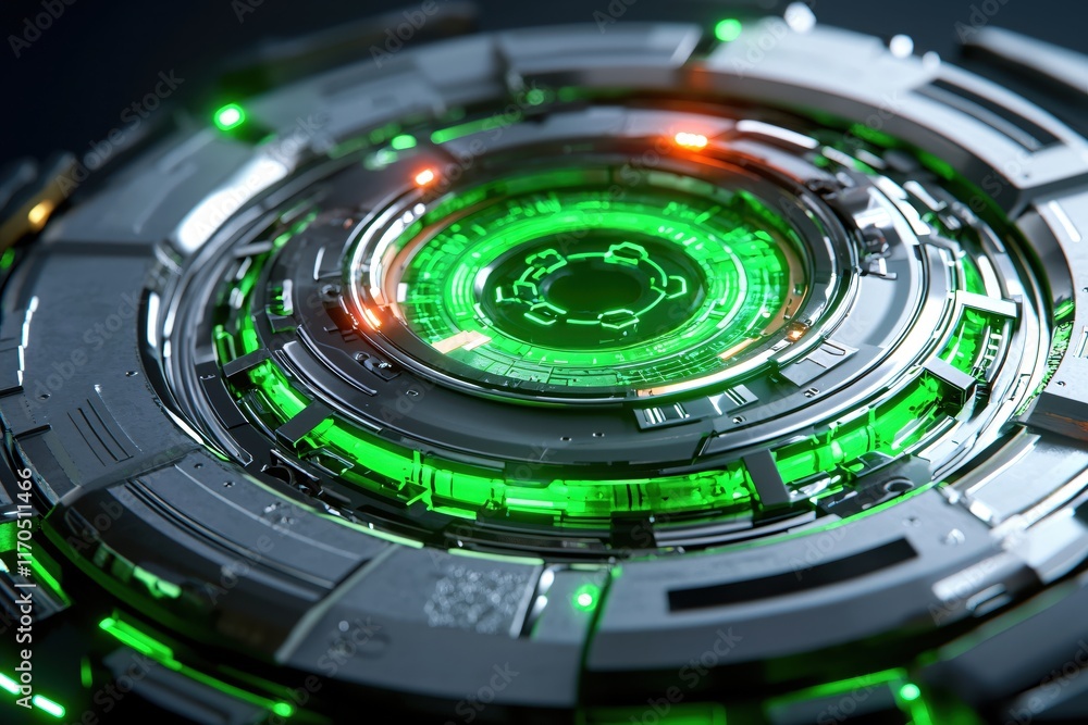 Poster futuristic tech interface with green lights and circular design in high-resolution format