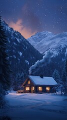 Fototapeta premium Winter evening in a cozy cabin at the foot of a snowy mountain with a starry sky