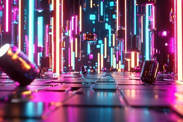 Futuristic Neon Corridor with Glowing Lights and Reflections Creating Dynamic Visual Effects