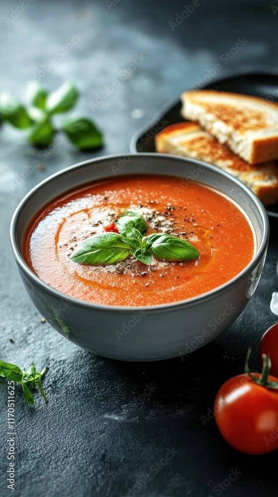 Aufkleber bowl of creamy tomato soup garnished with fresh basil alongside crispy toast on a rustic counter