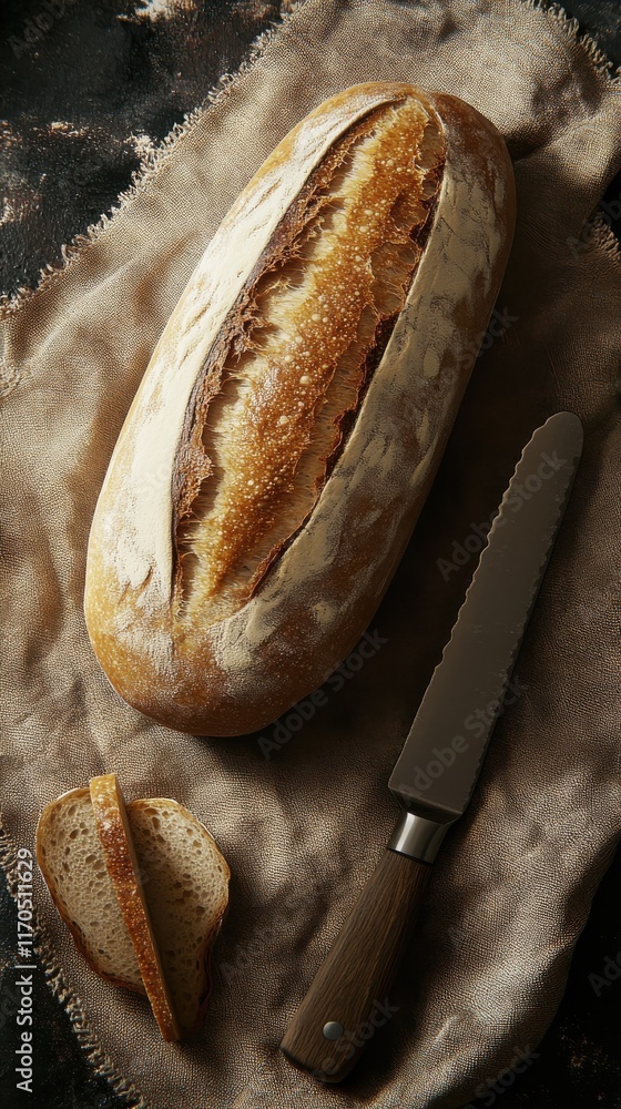 Poster freshly baked loaf resting on a linen cloth with a knife and slice on the side