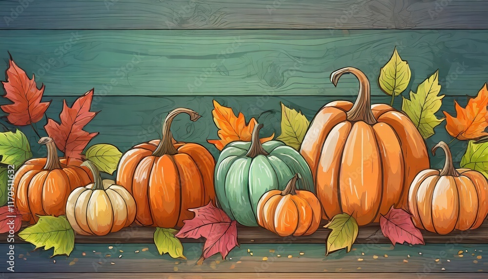 Poster a vibrant array of pumpkins and autumn leaves displayed in a row on a rustic wooden background, capt