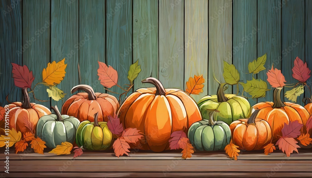 Poster a vibrant array of pumpkins and autumn leaves displayed in a row on a rustic wooden background, capt
