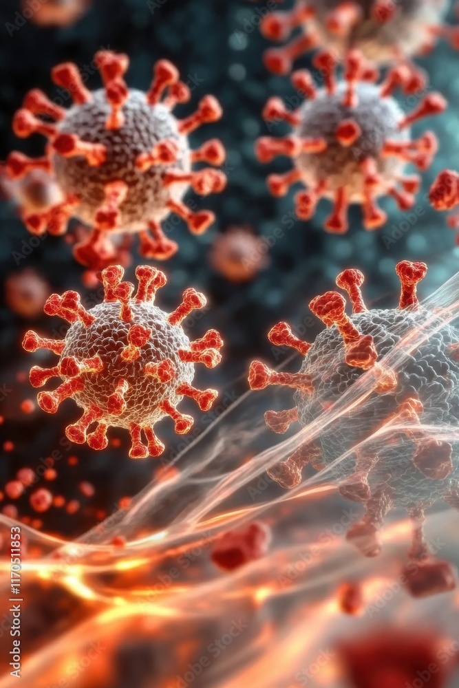 Poster vivid microscopic view of a virus, showcasing its complex structure and detailing the pandemic impli