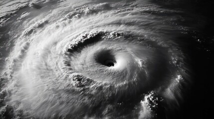 Satellite View of Powerful Hurricane Eye and Structure in Black and White Dramatic Swirling Clouds