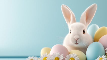 Obraz premium Easter card with a bunny surrounded by colorful eggs and daisies on a light blue background.