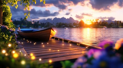 Obraz premium Serene Sunset View with a Boat by the Water and Fairy Lights on a Wooden Dock