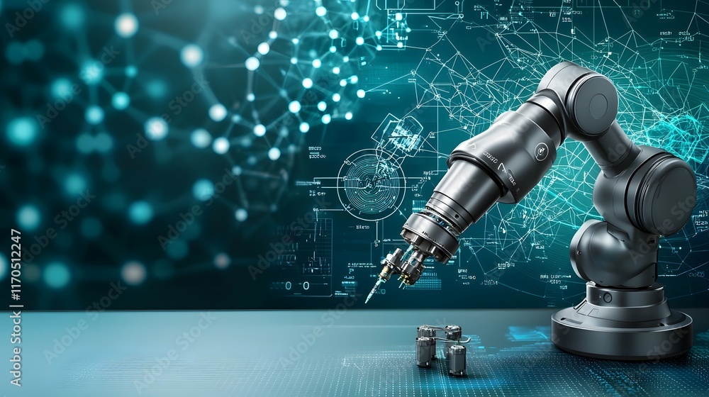 Poster quantum computing and robotic arms seamlessly integrating to perform highly precise and intricate or