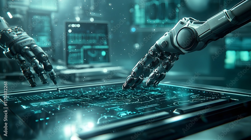 Poster quantum computing technology seamlessly integrates with advanced robotic arms enabling highly precis