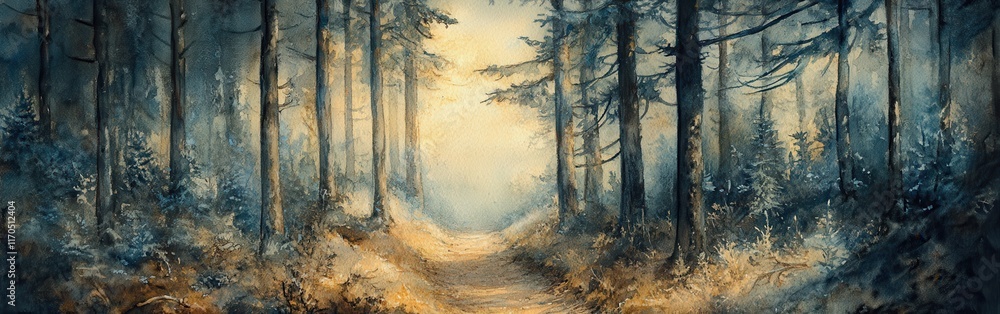 Poster discovering tranquility in a misty forest path surrounded by towering trees during early morning lig