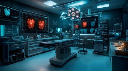 Fototapeta premium Innovative cardiac surgery suite harnessing the power of quantum computing and advanced holographic anatomical projections for unprecedented precision and efficiency in cardiac procedures