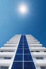 Modern building featuring solar panels against a clear blue sky, highlighting sustainability and energy efficiency.