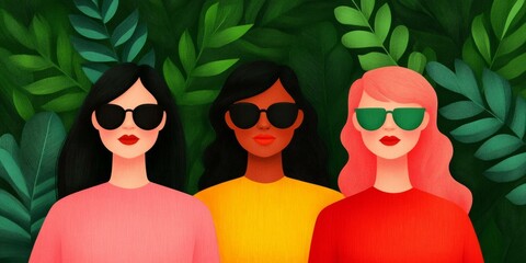 Fototapeta premium Three Women in Sunglasses Posing Against Lush Green Leaves in a Bright and Vibrant Outdoor Setting Reflecting Joy