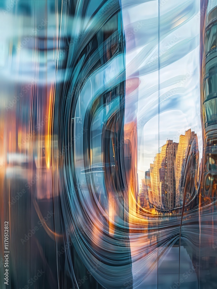 Poster distorted reflection of modern architecture on rippled glass, creating a dynamic interplay of curves