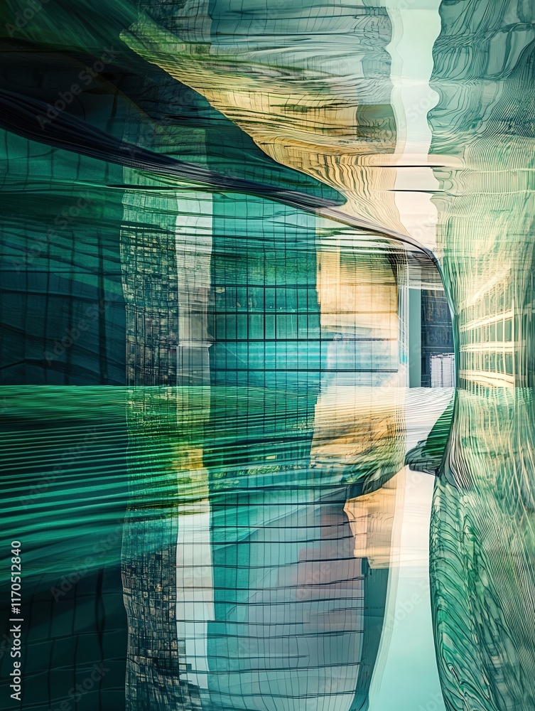 Poster distorted reflection of modern architecture on rippled glass, creating a dynamic interplay of curves