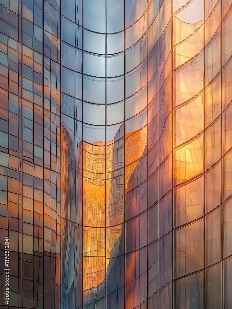 Poster interplay of sunlight on curved architectural glass, creating a kaleidoscope of reflected angles