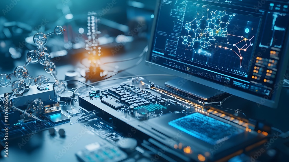 Fototapete a quantum computer connected to sophisticated spectroscopic equipment analyzing intricate molecular 