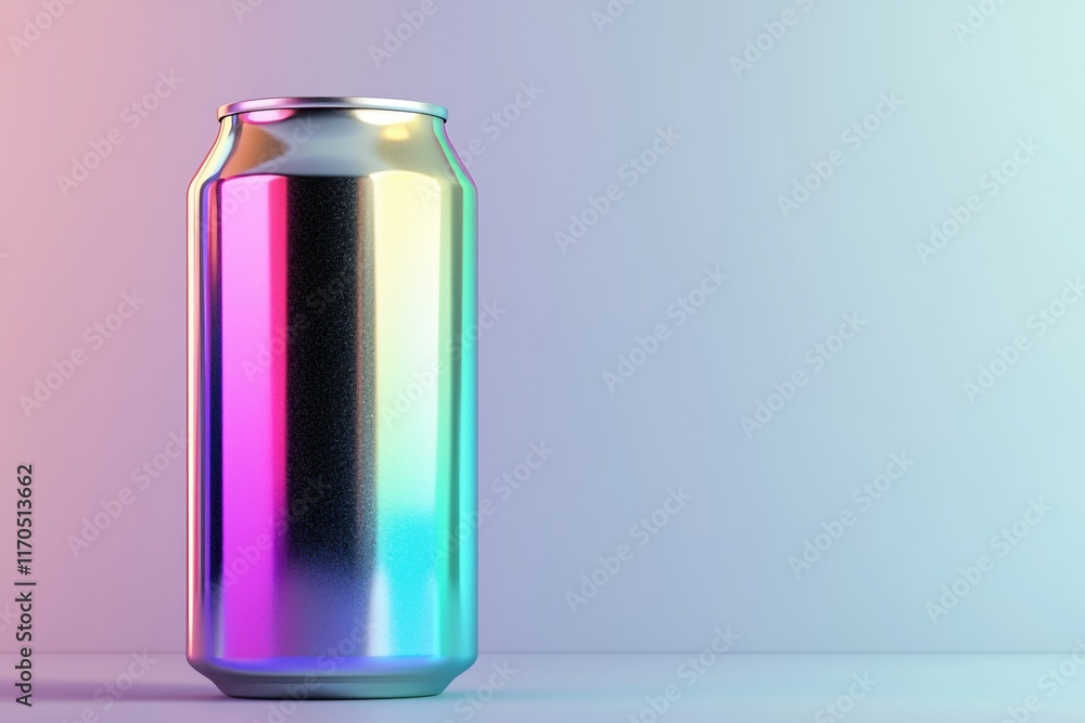 Poster reflective metallic beverage can with colorful gradient on soft background