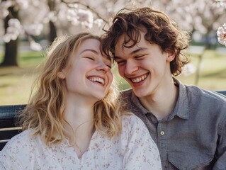 Fototapeta premium Young couple enjoying a joyful moment under cherry blossom trees in springtime park