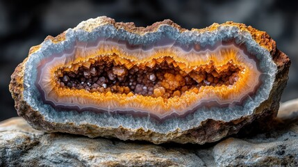 Obraz premium Polished agate geode with orange crystals.