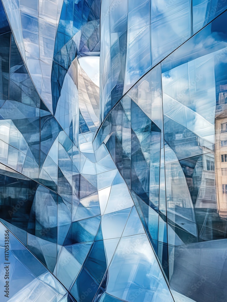 Poster abstract architecture reflections, with geometric patterns bending and shifting across reflective pa