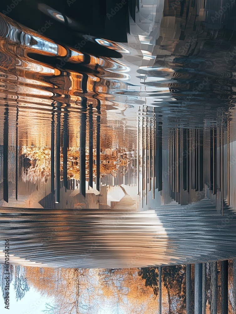 Poster elegant distortion of an architectural masterpiece reflected on a glassy pond, blending reality with