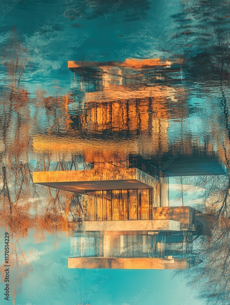 Poster elegant distortion of an architectural masterpiece reflected on a glassy pond, blending reality with