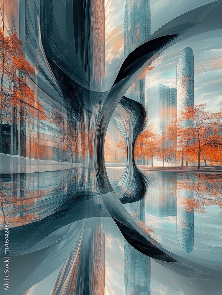 Poster elegant distortion of an architectural masterpiece reflected on a glassy pond, blending reality with