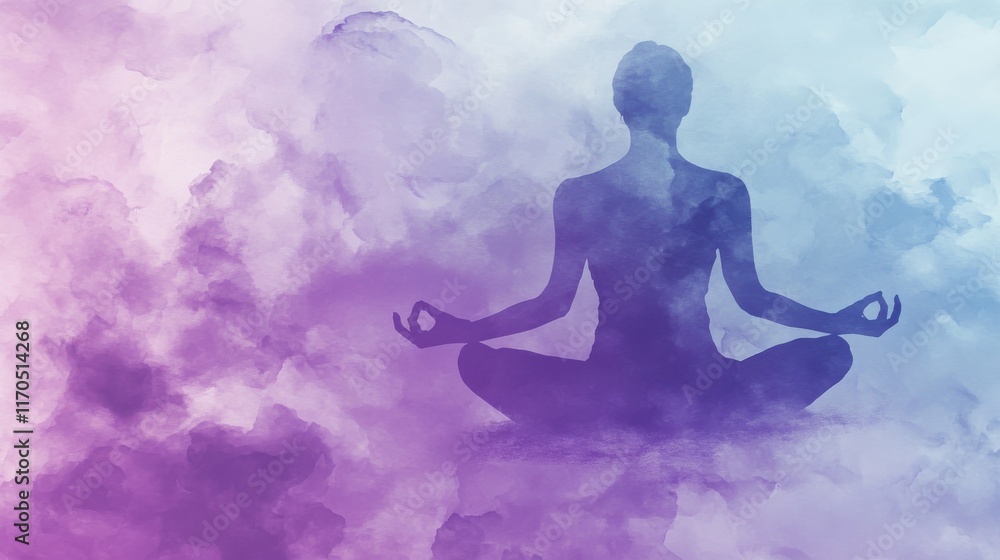 Poster silhouette of a person meditating in a calming atmosphere at dusk with colorful abstract background