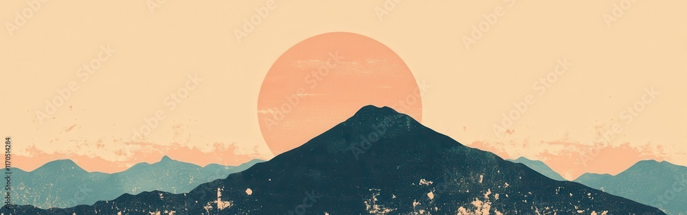 Poster silhouette of a sun setting behind mountains with warm colors and minimalist design