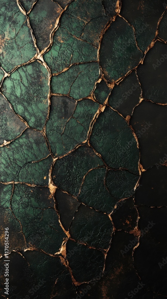 Poster Organic liquid textures create a vivid forest green earthy pattern with intricate cracks and warm highlights