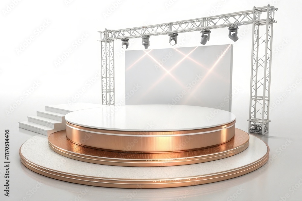 Poster a modern event stage featuring a circular platform with a copper accent, surrounded by lights and a 