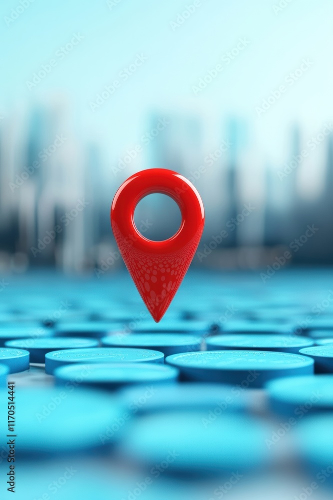 Poster vibrant red location pin floats above blue circles in an urban landscape, representing navigation an