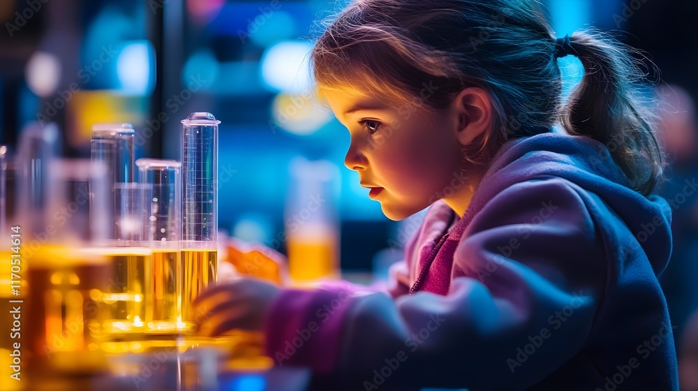 Poster curious girl exploring science lab experiments