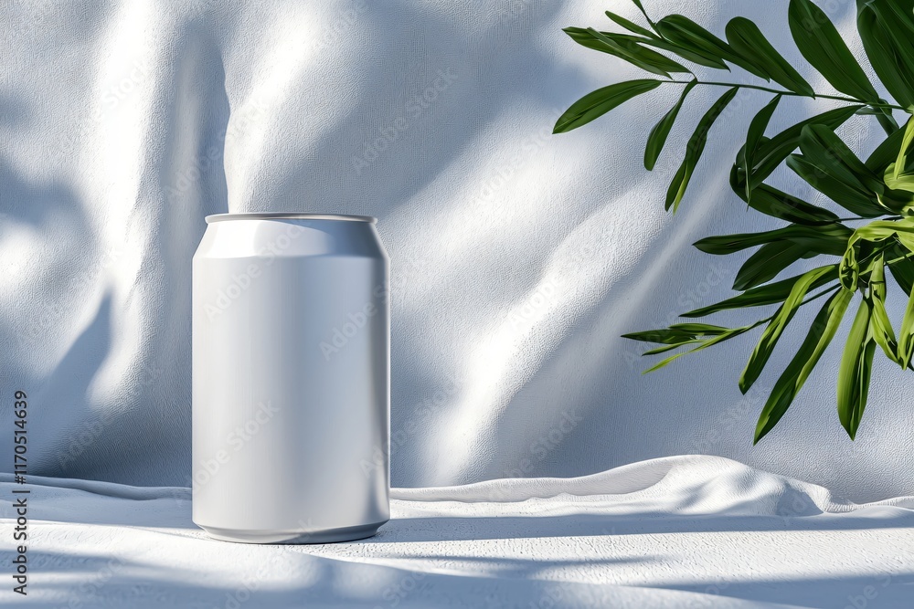 Poster minimalist empty aluminum can on textured surface with green botanical element in background