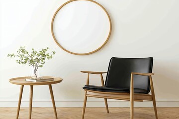 Fototapeta premium Stylish Mid-Century Modern Chair and Round Frame Decor in Minimalist Living Room Setting