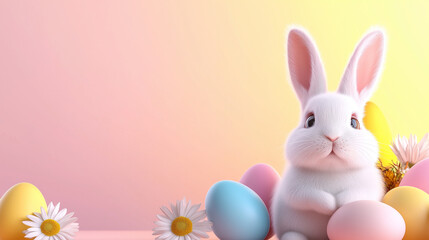 Obraz premium Cute white bunny with pastel eggs and flowers on a pink and yellow gradient background.