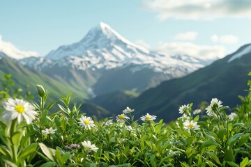 Fototapeta premium Scenic Mountain Landscape with Snowy Peak and Wildflowers in the Foreground on a Sunny Day