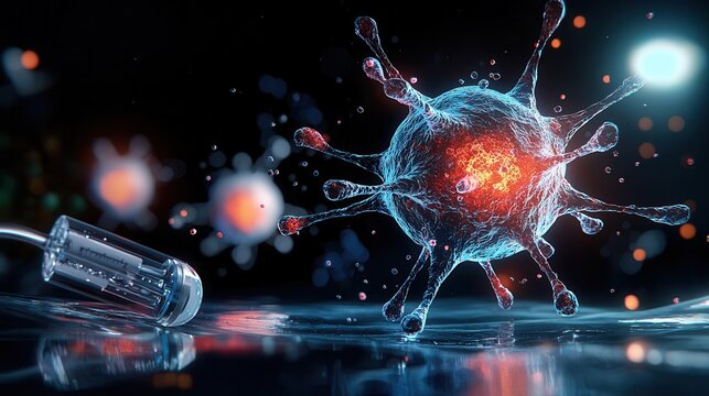 Microscopic view of a virus with a spiky surface and a DNA strand.