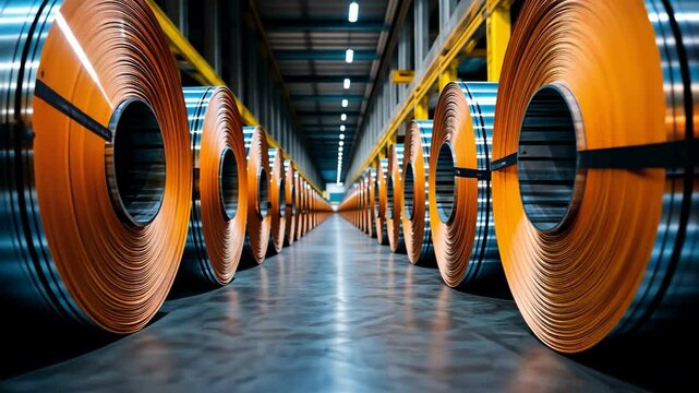 A modern factory interior featuring large metallic coils arranged in rows.