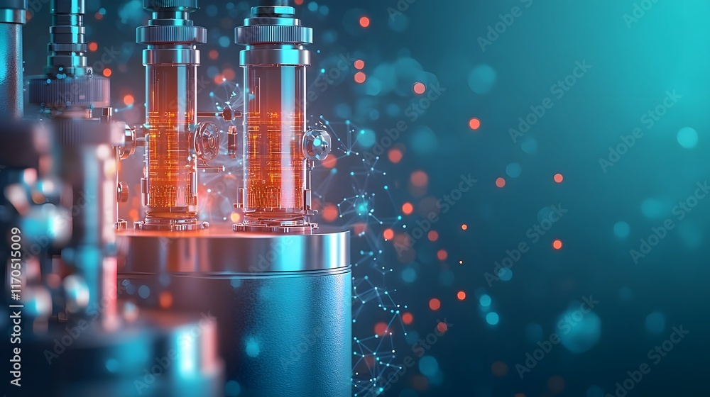 Poster high tech quantum instruments for precise temperature measurements with glowing data overlays leavin