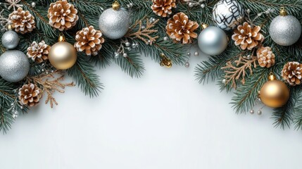 Christmas Decoration Fir Branches Ornaments Baubles White Background Generative AI